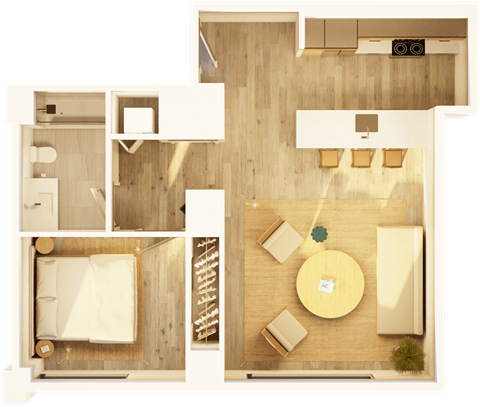 Floor plan for 1 bed, 1 bath, 740 sqft